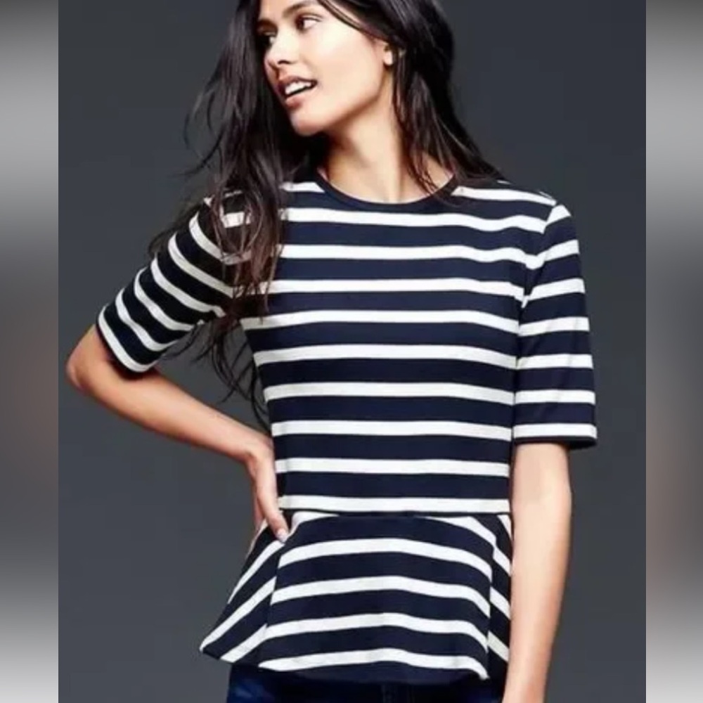 Gap Coastal Nautical Blue and White Striped Peplum Top Zipper-Back Women Small